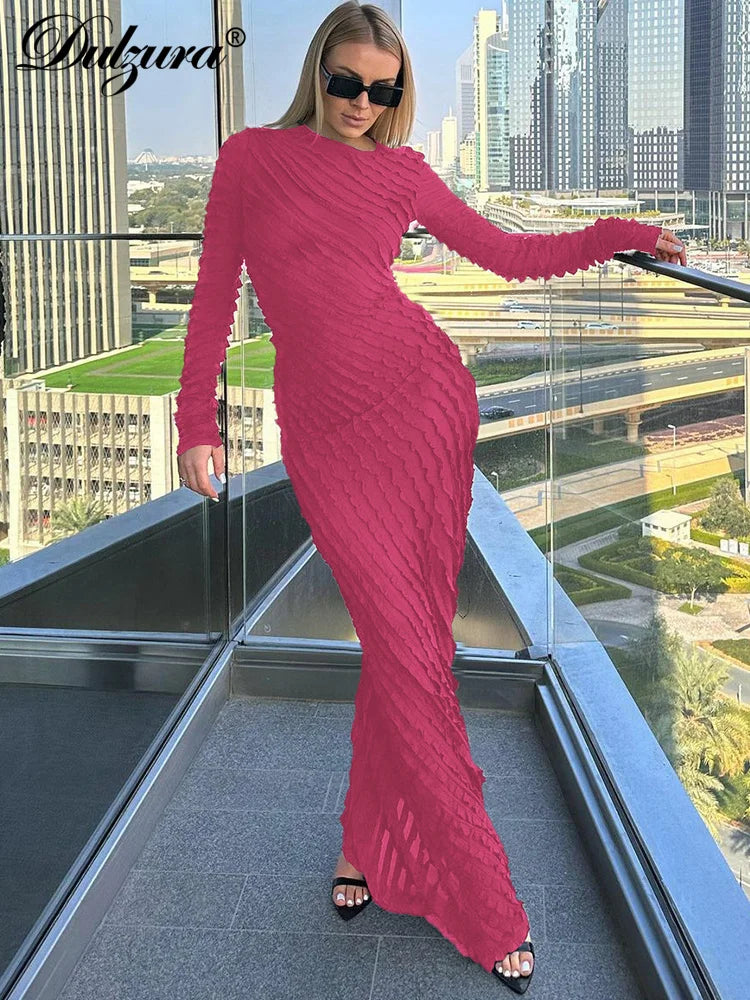 Dulzura Solid Pure Color 3D Ruched Long Sleeves Maxi Dress 2024 Summer Autumn For Women Sexy Clubwear Wholesale Drop Shipping