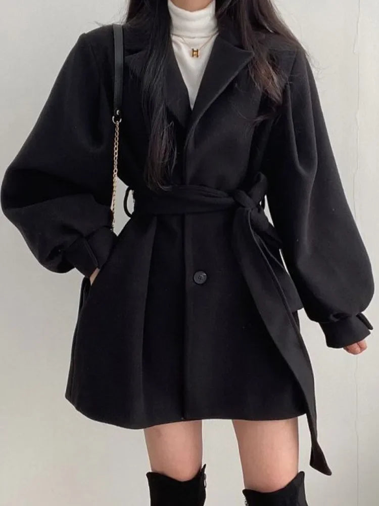 Thick Female Trench Warm Jackets Turn-down Collar Long Puff Sleeve Clothes Autumn Elegant Belt Coat Women Chic Midi Top A black