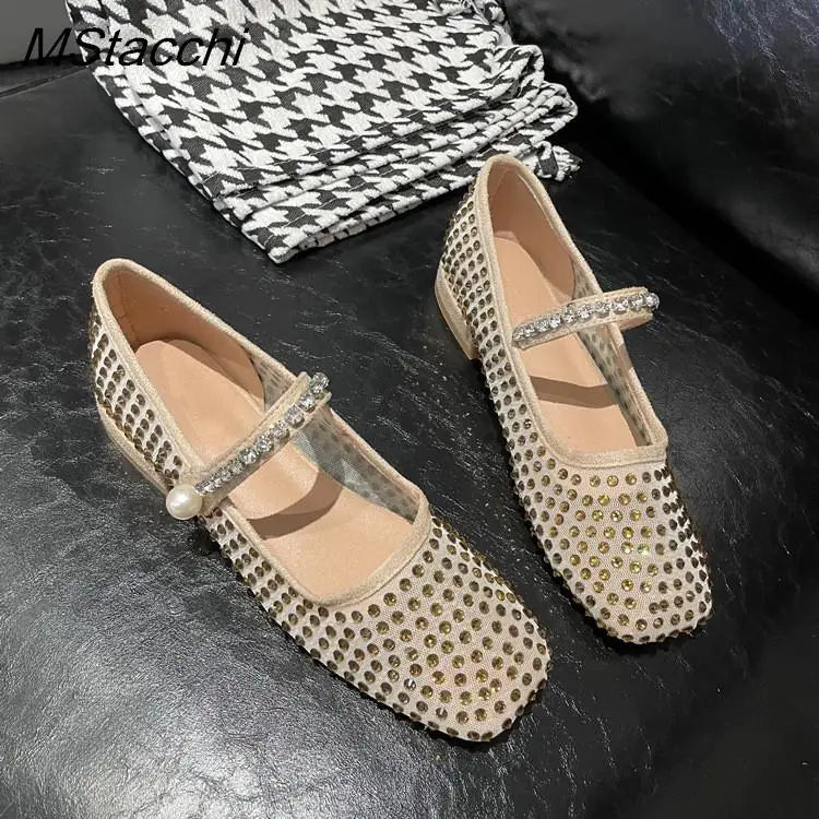 Sapatos baixos de malha com cristais e pérolas, bico quadrado, sapatos femininos luxuosos para escritório, tamanho grande, sapatos Mary Jane, primavera 2025, sapatos individuais