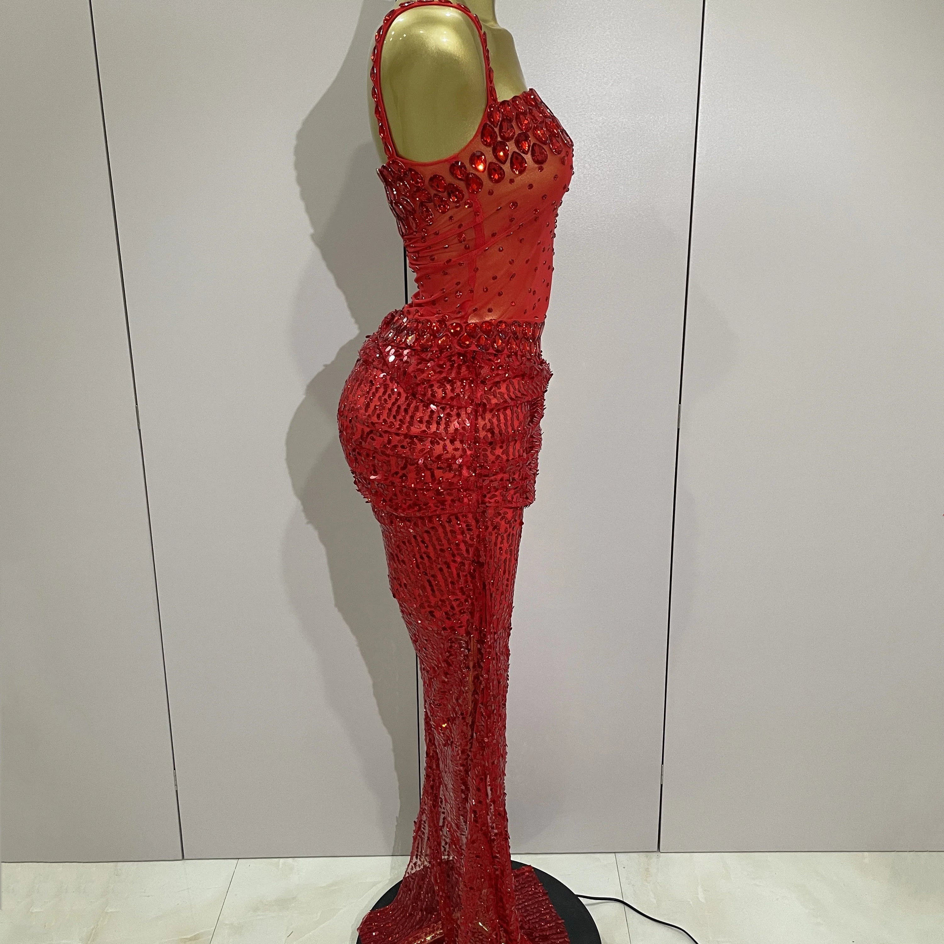 Sparkly Red Rhinestones Sequins Sexy See Through 2PCS Long Dress 2025Women Celebrate Evening Birthday Party Dress Stage Costumes
