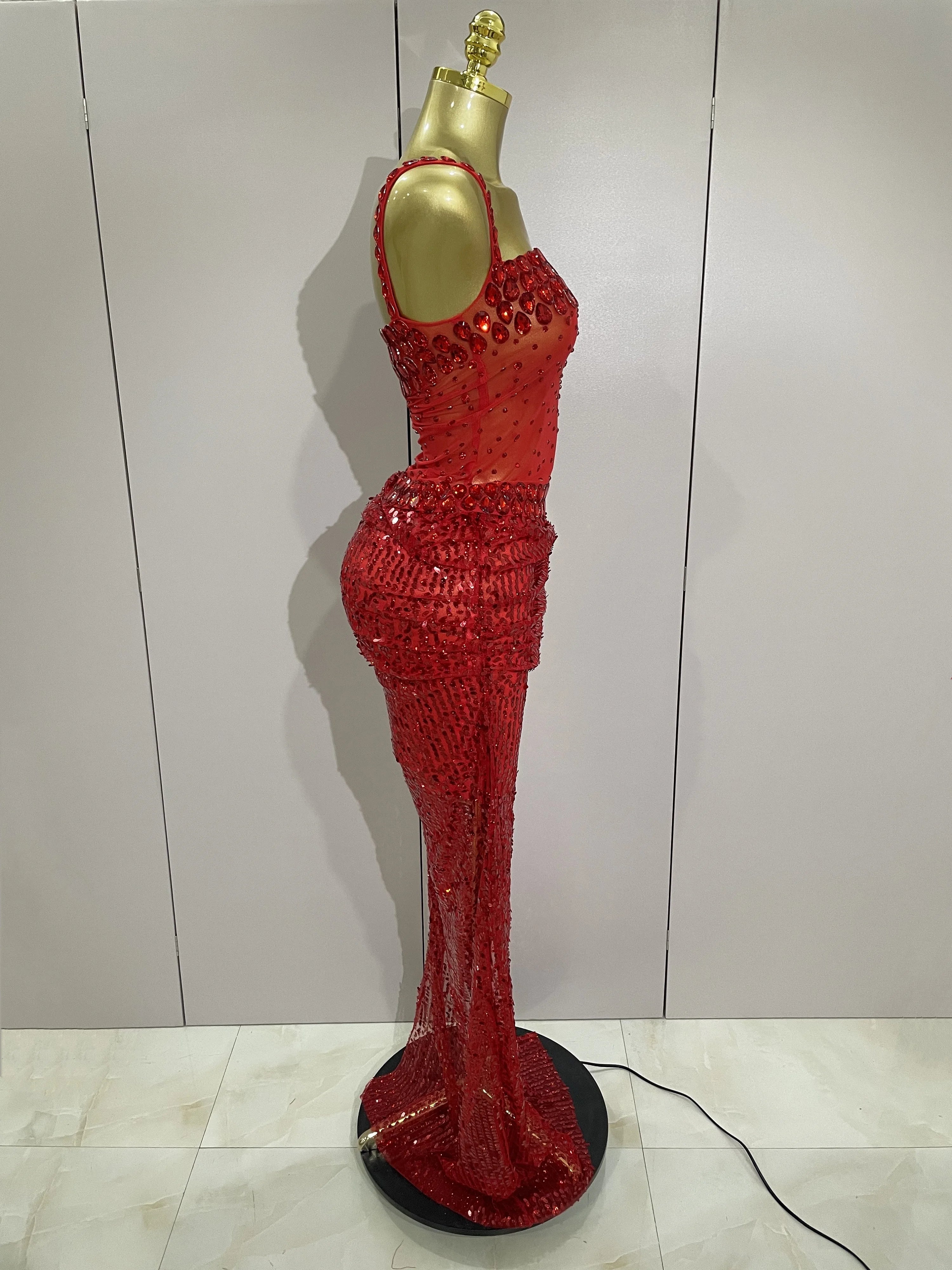 Sparkly Red Rhinestones Sequins Sexy See Through 2PCS Long Dress 2025Women Celebrate Evening Birthday Party Dress Stage Costumes