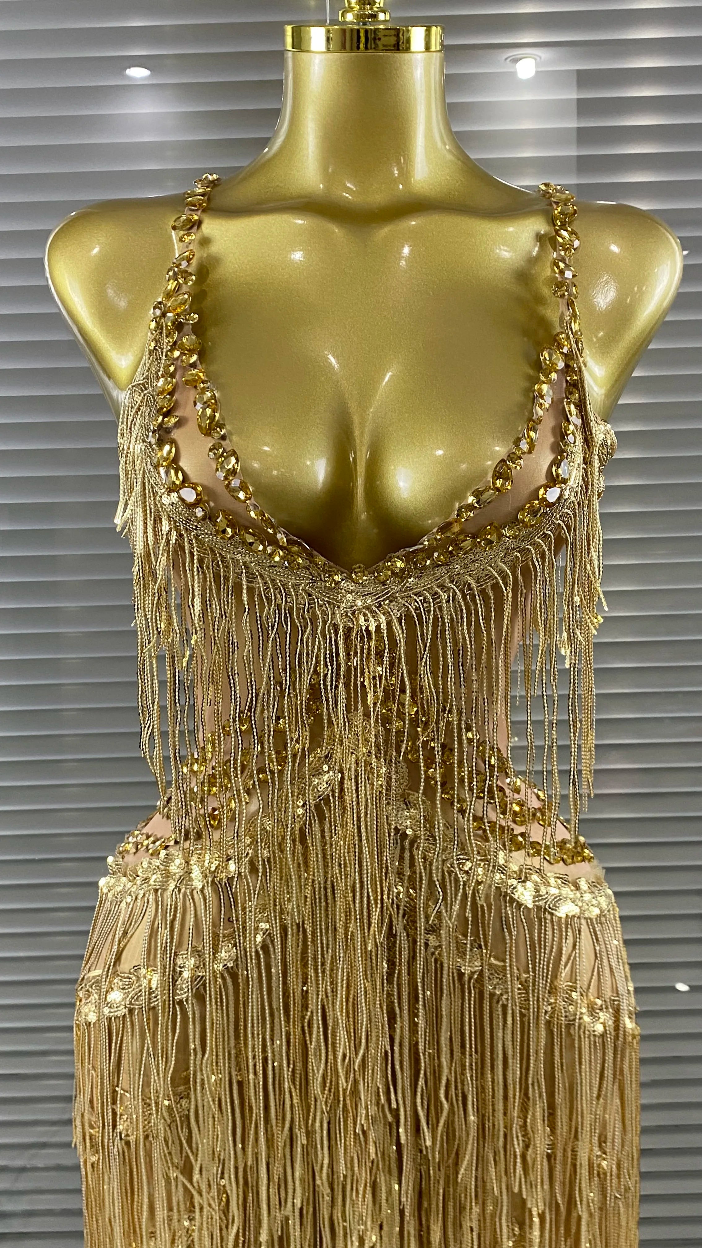 New Arrival Golden Sequins Tassle Sexy V-Neck Hollow Out Jumpsuit Fashion Woman Woman Party Outfit Stage Performance Costume