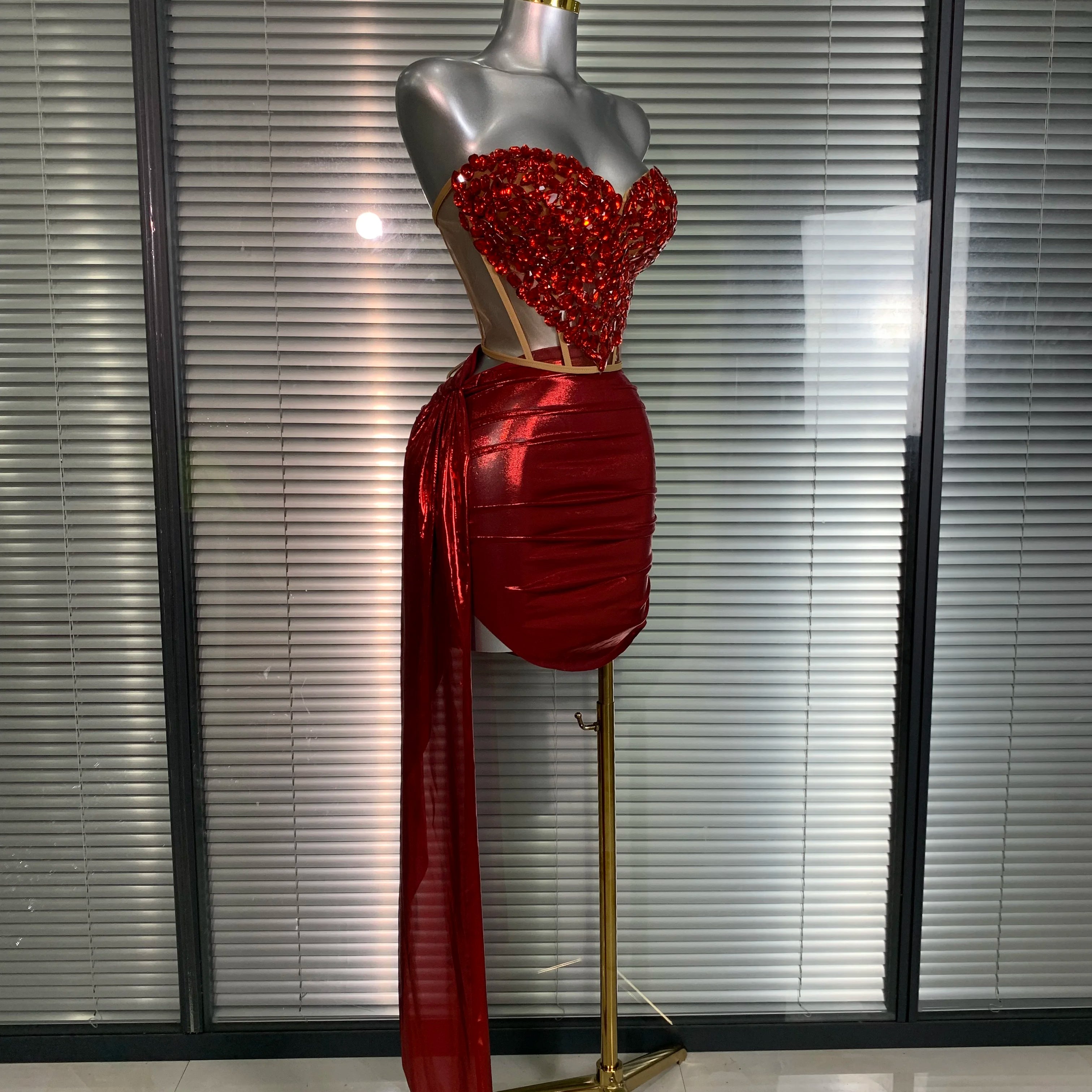 New Women Sexy Two Pieces Set Red Crystal Diamonds Night Club Skirt Suits Laced Singer Dancer Stage Performance Costume