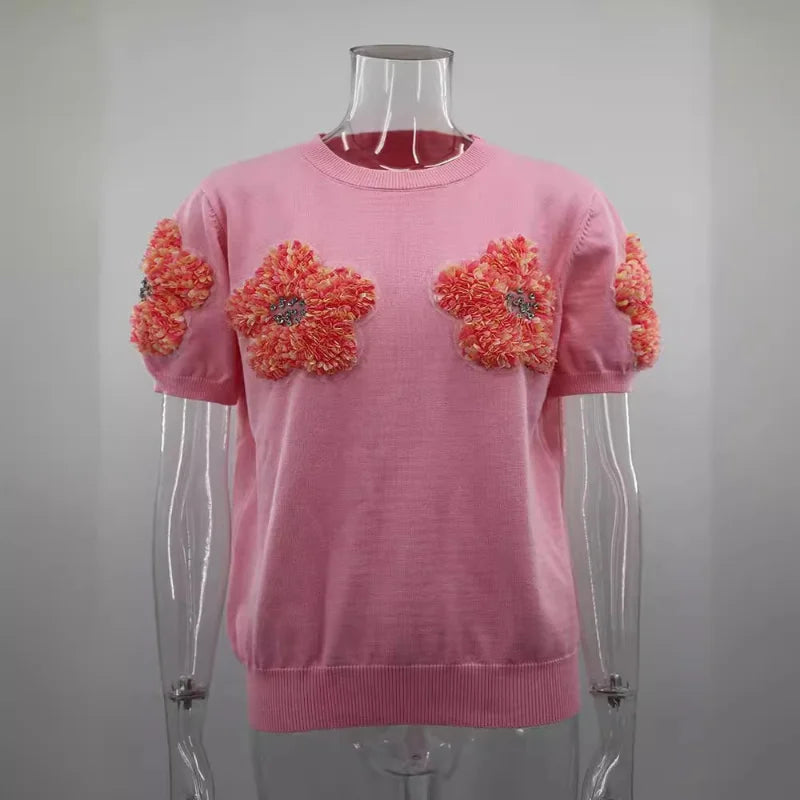 Fashion Women 3D Flower Knitted Sweater Elegant Lady O Neck Short Sleeved Pullover Tops Chic Female Commute Street Outfits