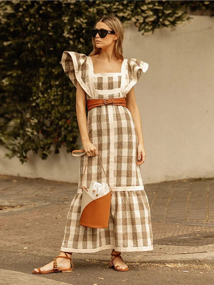 Vintage Plaid Flying Sleeve Shoulder Midi Dress Elegant Spliced Square Collar High Waist Vestidos Spring High Street Female Robe Grey