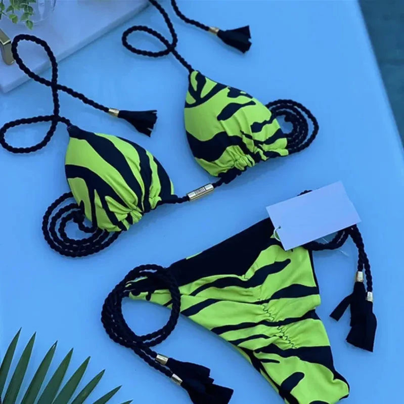Sexy Swimsuit Women Triangle Bikinis Set Thong Bandage Swimsuits Solid Color Bath Suit Two Piece String Swimear Beach Wear 8260