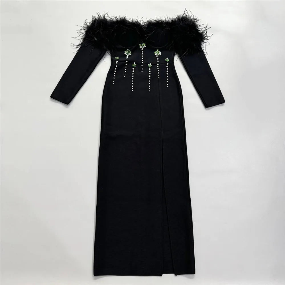 Women Long Sleeve Sexy Off the Shoulder Feathers Shinning Crystal Bodycon Long Bandage Dress Evening Party Cocktail Outfit