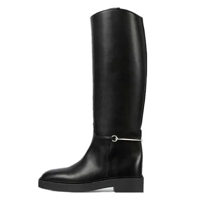 Botas femininas de cano alto, bico redondo, salto baixo, sexy, sem cadarço, para motocicleta, outono e inverno