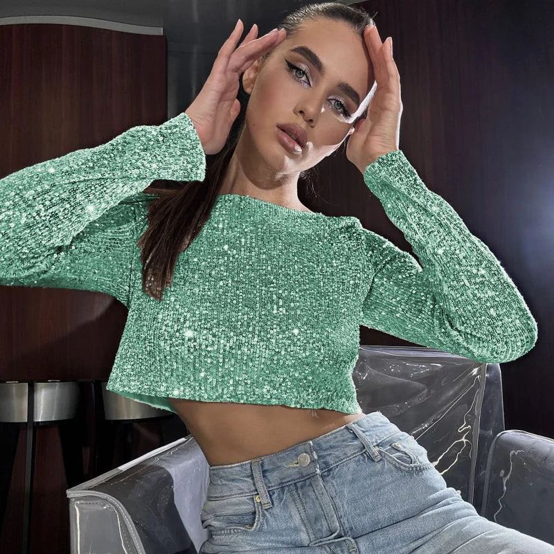 Glitter Sequin Crop top Autumn Winter Slim Long Sleeve Women Basic Solid Casual Top For WomenY2k Shiny Sequined Tshirts Green