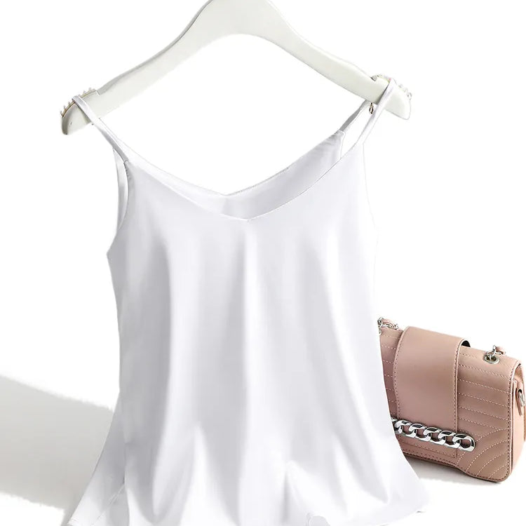 Spaghetti Strap Top Women Halter V Neck Basic White Cami Sleeveless Satin Silk Tank Tops Women'S Summer Camisole WHITE