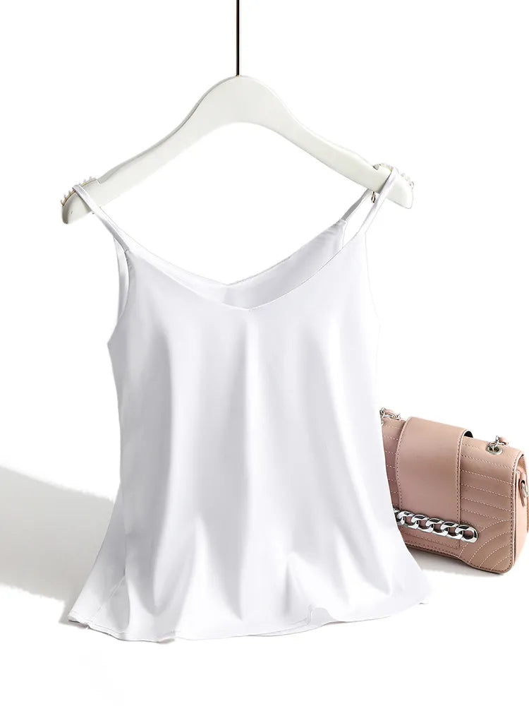 Spaghetti Strap Top Women Halter V Neck Basic White Cami Sleeveless Satin Silk Tank Tops Women'S Summer Camisole WHITE