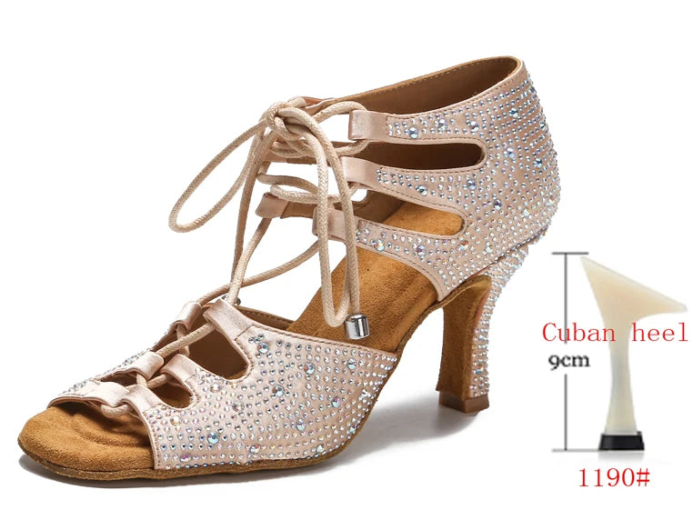 di seta donna scarpe da ballo latino fondo morbido sandali da donna Tango Party Dance Shoes scarpe da sposa con strass skin heel 9CM