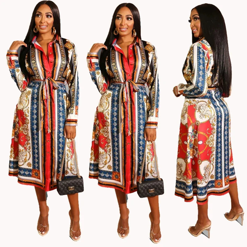 2020 Spring Summer Mid Calf Dress Long Sleeve Print Casual Beach Sashes Bandage Night Club Party Loose Midi Shirt Dresses GL887