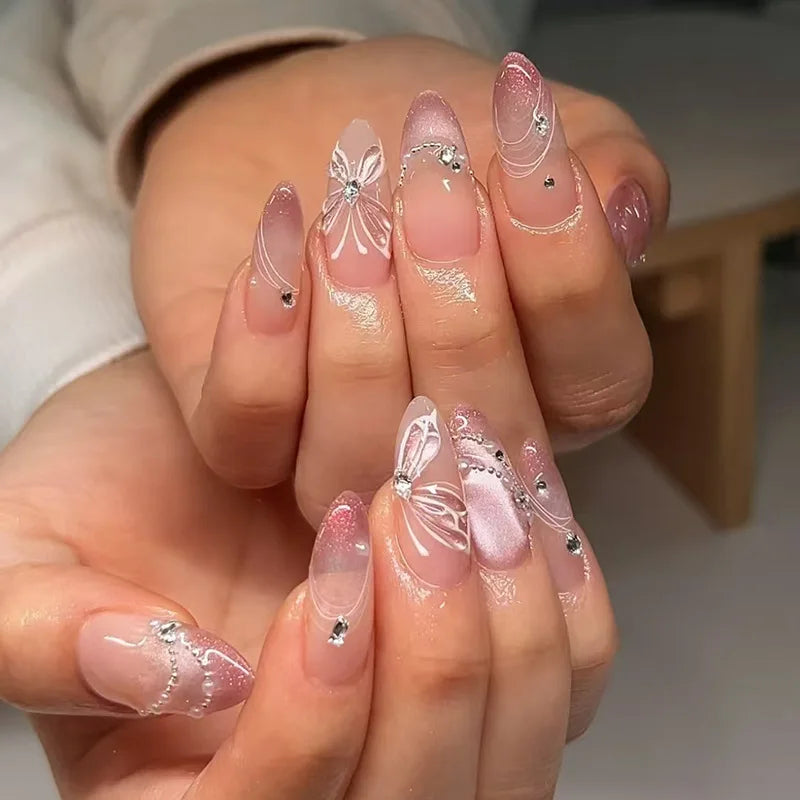 24pcs Black Cat's Eye Press on Nails Finished Ins Wearable False Nail Sets Love Design Stick on Nails Stilettos Fake Nail Tips