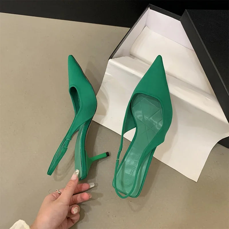 Summer Pointed Toe Women Sandals Fashion Slip On Singbacks Slides Ladies Elegant High Heel Sandalias Women's Party Dress Pumps green