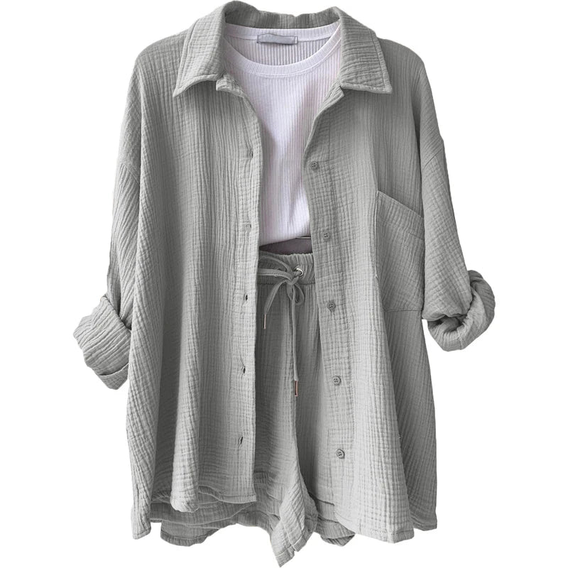 2 Piece Casual Sleepwear Cotton Pajamas for Women Turn-Down Collar Sleep Tops Suits with Shorts Gauze Cardigan Homewear Summer Light Grey