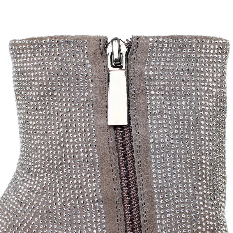 Fashion Crystal Women Ankle Boots Platform Suqare High Heel Punk Boots Full Suede Autumn Winter Woman Motorcycle Boots