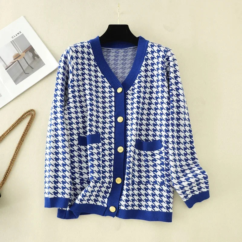 Houndstooth Cardigans Long Sleeve Sweater Women Autumn Winter Clothes Open Stitch Female Outwear Streetwear Knitted Cardigan blue One Size