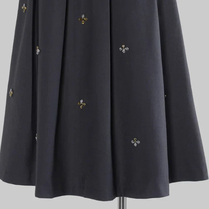 Spring Women French Style Luxury Rhinestone Beading Lady High Quality Solid Long Pleated Skirt