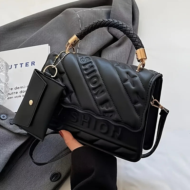 1pc Trendy Quilted Handbag with Adjustable Strap, Stylish Black Shoulder Purse for Women with Mini Coin Pouch, Crossbody Purse