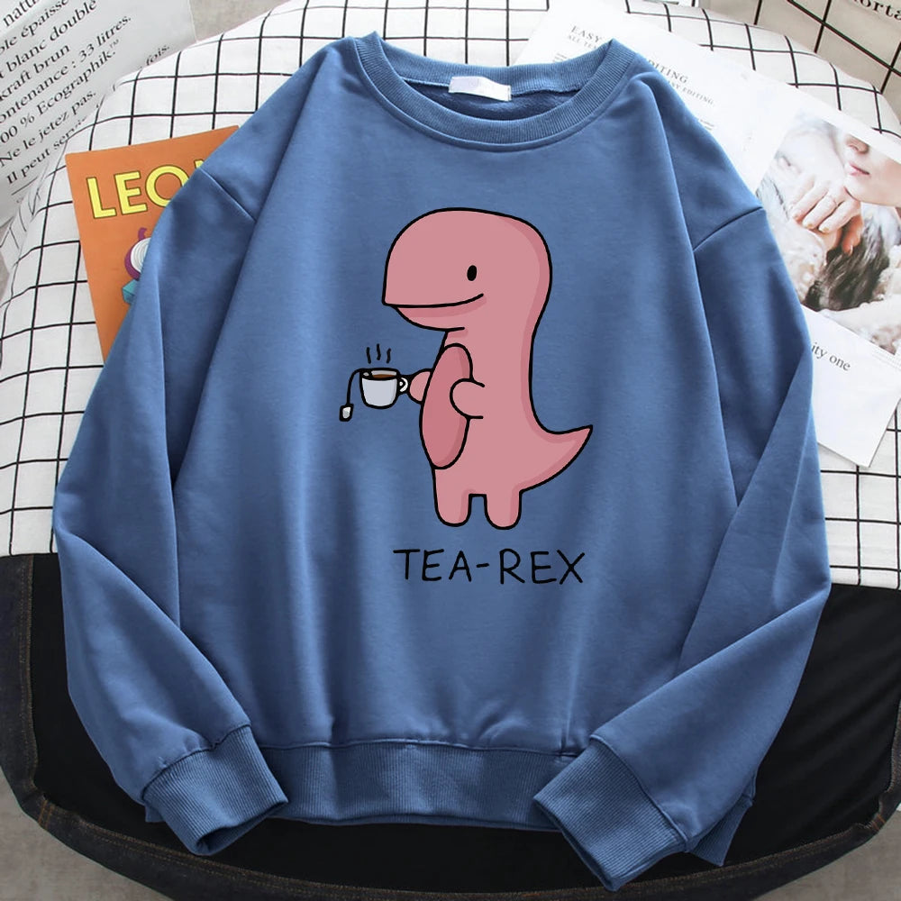 Autumn Funny Sweatshirts For Women Funny Dinosaur Drink Coffee Printing Hoodies Fleece Soft Pullovers Loose Warm Ladies Clothing Haze Blue
