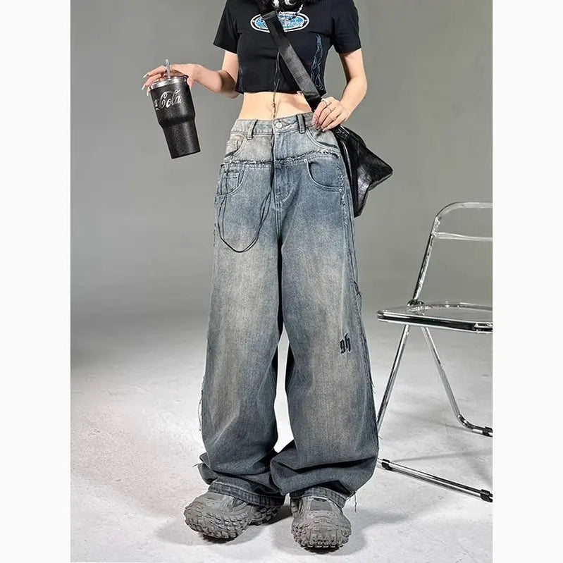 YOUYIDE Vintage Y2K Baggy Jeans Women's Korean Style Streetwear Grunge Oversized Denim Cargo Pants Hippie Harajuku Trousers blue