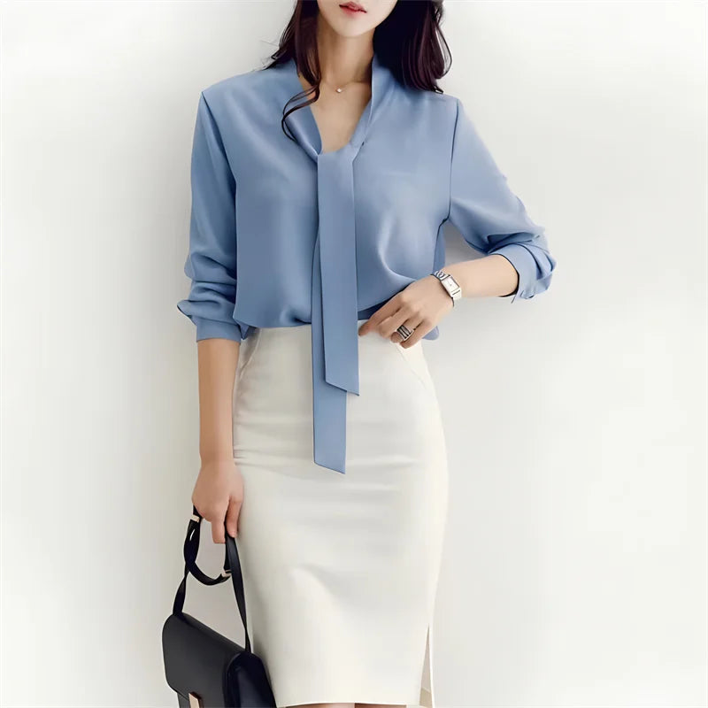 한국인 리뷰 많은 옷 Women Blouse Shirts Korean Fashion Office Autumn Long Sleeve Tie Bow Chiffon Turtleneck Formal Shirts E335-8152lan