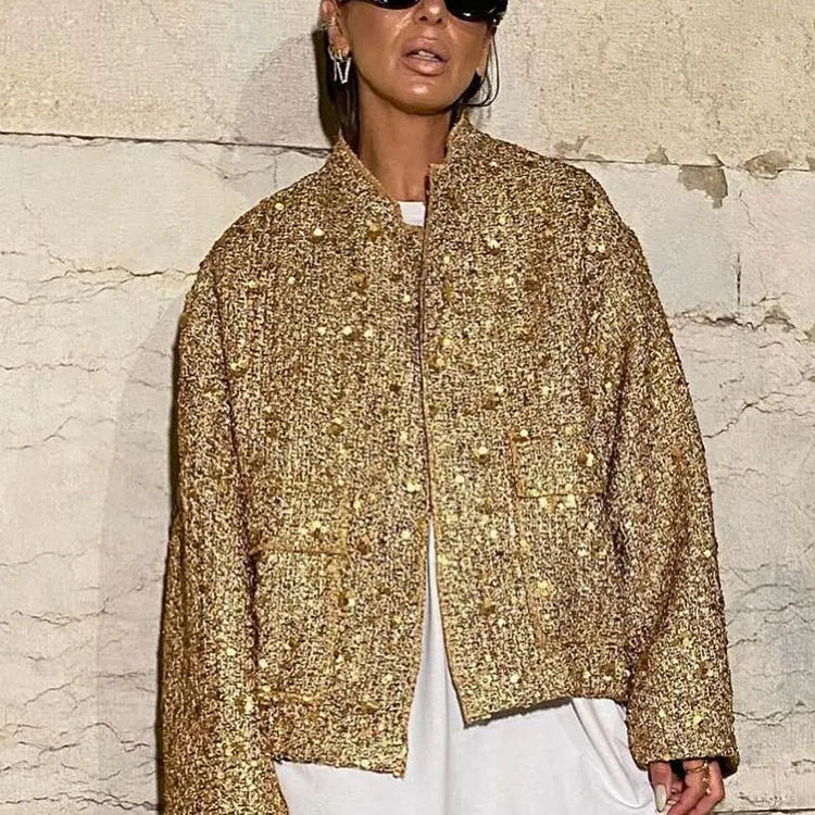TRAFZA Women Fashion Shiny Sequin Jacket Y2k Gold Color Stand Collar Long Sleeve Short Coat Autumn Winter Ladies High Streetwear