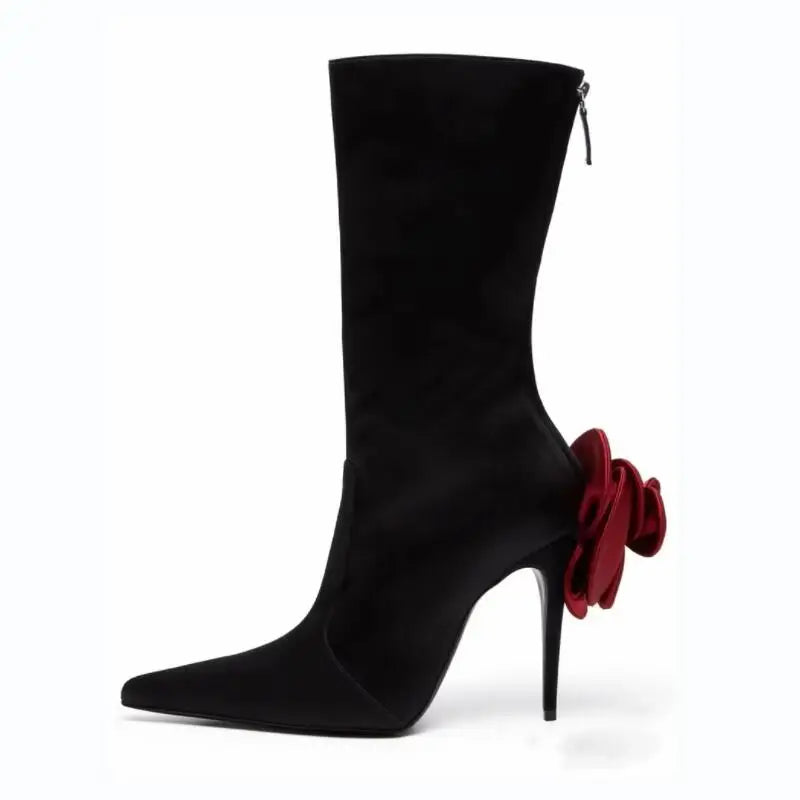 Big Size 34-46 Autumn Winter New Fashion Flower Short Boots Zip Thin High Heel Pointed Toe Sexy Pumps Women's Shoes Pink Red Red