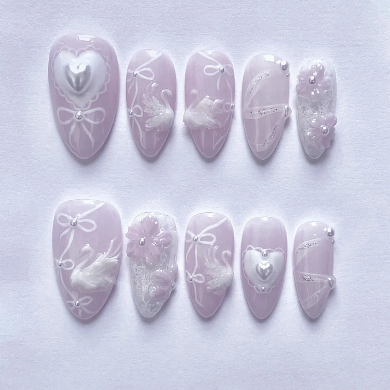 24Pcs Mid-length Almond Nails Set Press on Strawberry Pearl Love Check Design Fake Nails 3D Bow Flower Reusable False Nails Tips