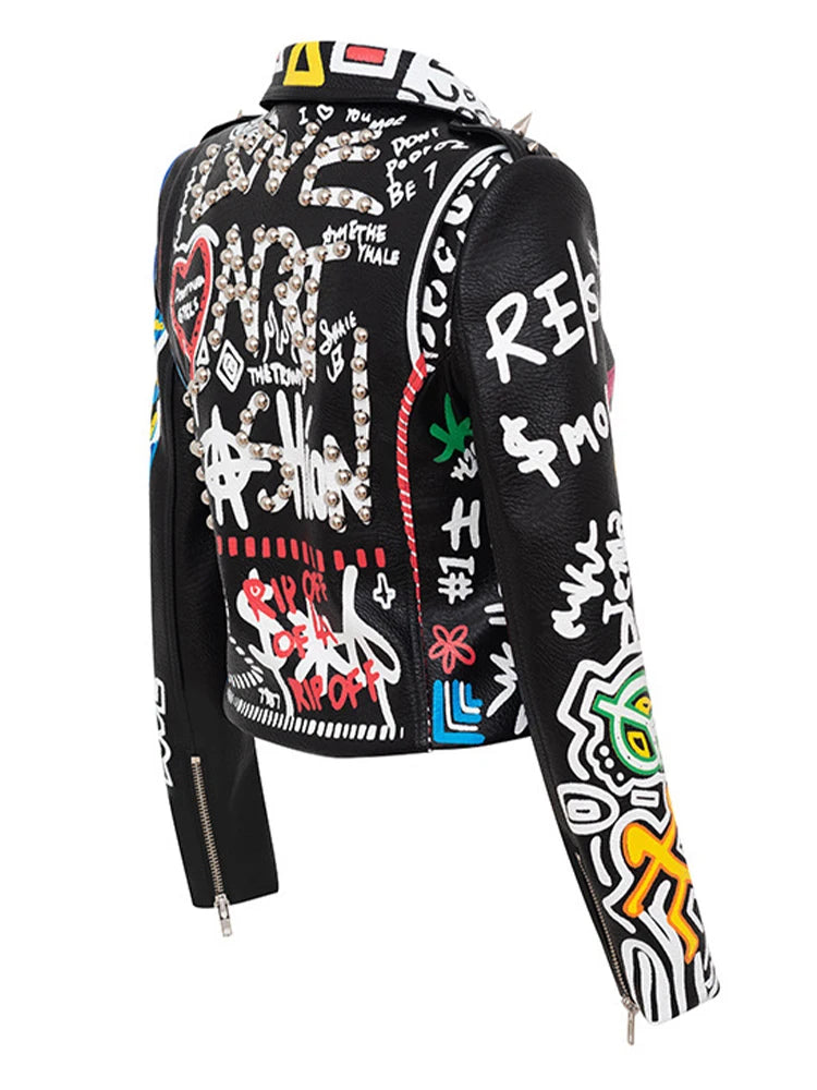 Fashion Brand Coat PU Leather Jacket Women Leopard Print Graffiti Rivets Punk Coats Slim Locomotive Cropped Jacket Leather Top