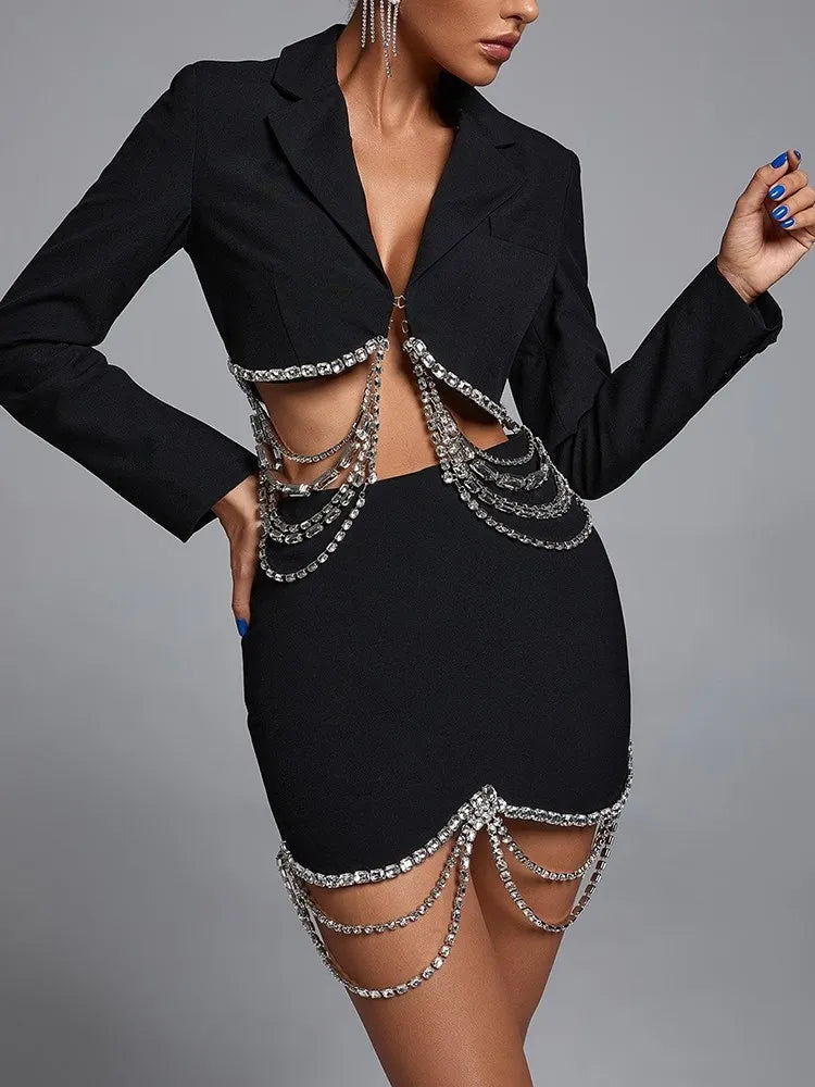 KBQ Luxury Spliced Diamonds Chain Skirt For Women High Waist Irregular Hem Mini Bodycon Skirts Female Fashion Summer Clothing