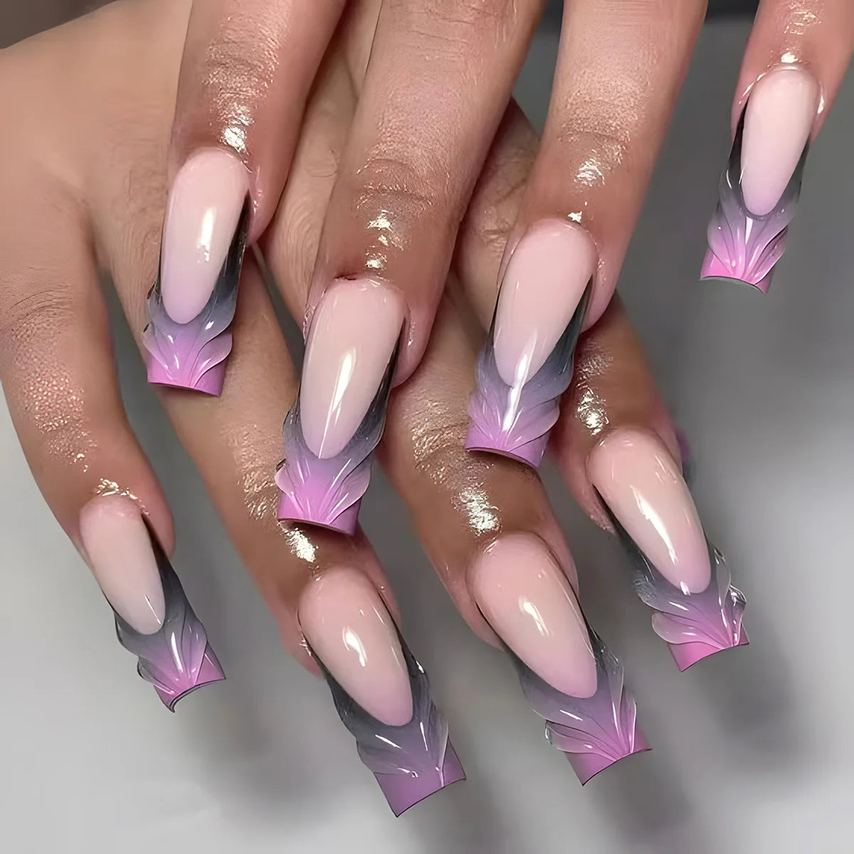 24Pcs Long Square Head Press on Fake Nails Purple Gradient 3D Ripple French False Nails Simple Detachable Full Cover Nails Tips