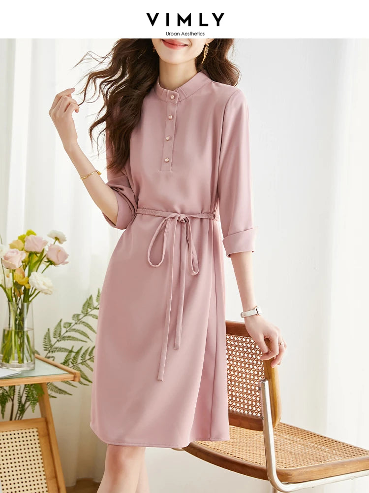 Elegant Solid Lace-up Slim Waist Dress Women Summer Straight Stand Collar Long Sleeve Office Ladies Vintage Dresses Pink