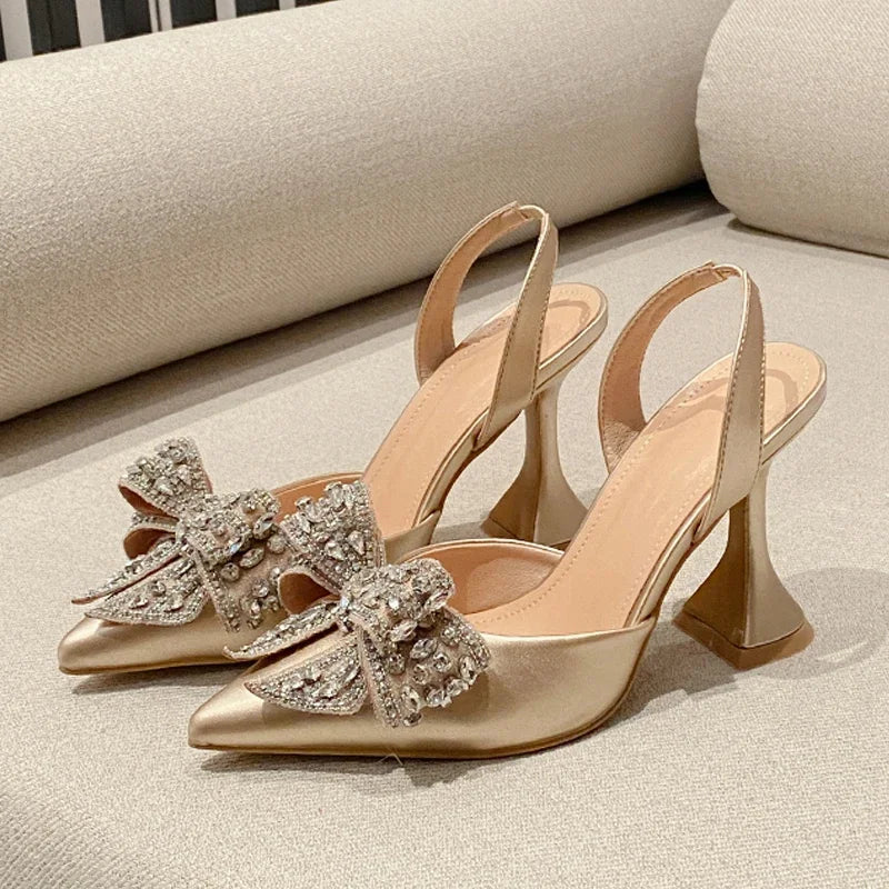 Eilyken Design Crystal Butterfly-knot Women Pumps Street Style High Heels Pointed Toe Shoes Sexy Wedding Party Sandals