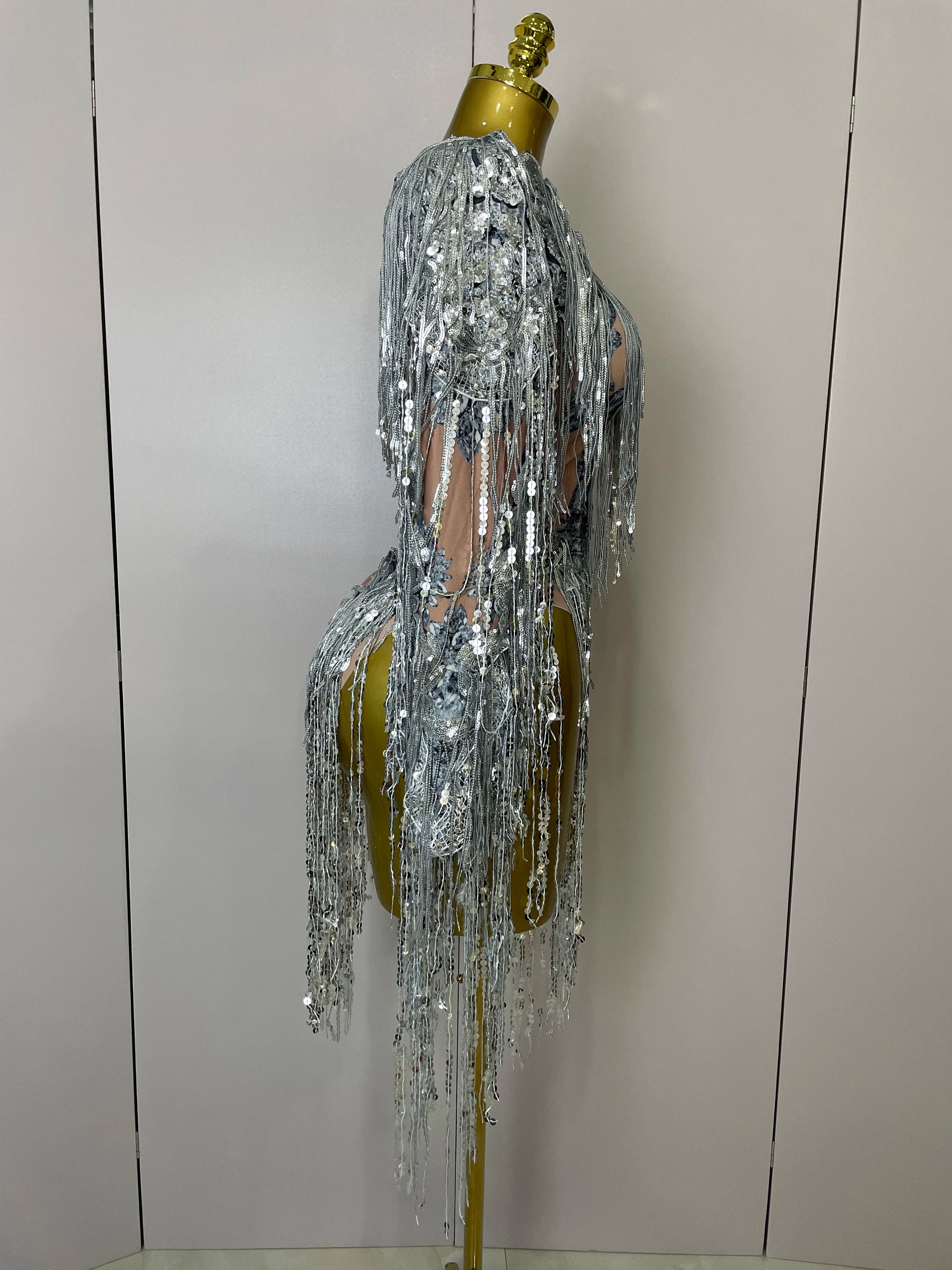 STOCK 2025 Flashing Sequins Tassels Sexy See-Through Sheath Bodysuit Evening Party Nightclub Dancer Stage Perfprmance Costume