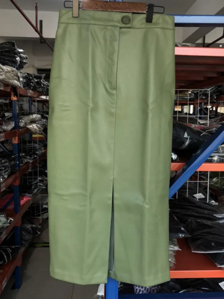 DEAT Fast Delivery New Fashion Korean Female PU Leather High Quality Mid-calf Length Spit Sexy High Waist Skirt AY095