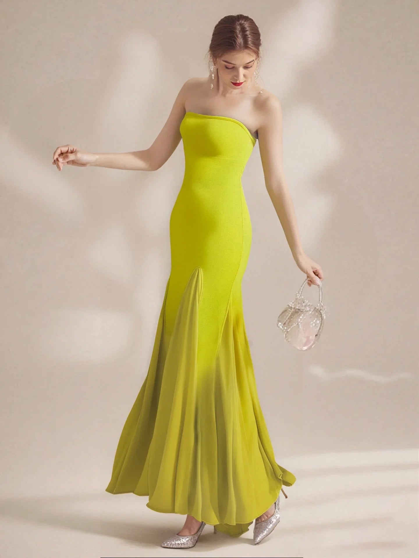 Fashion Yellow Color Women Sexy Strapless Bodycon Bandage Long Dress Celebrate Birthday Party Evening Outfit Wholesale