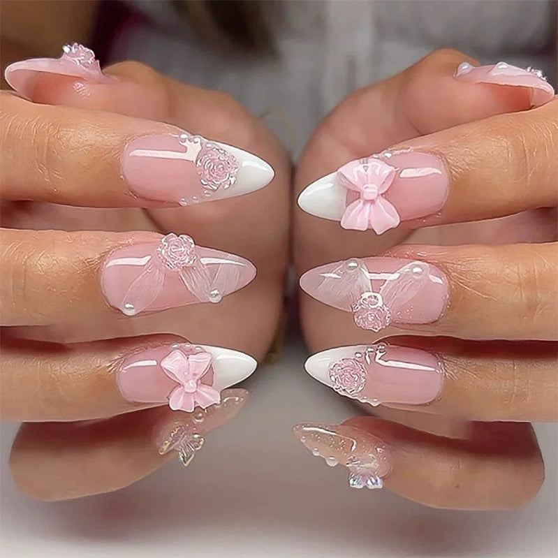 Valentine's Day Almond Press on Nails Set 3D Bow Love French Sweet False Nails Rhinestone Wearing Nail Tips Art Acrylic Manicure