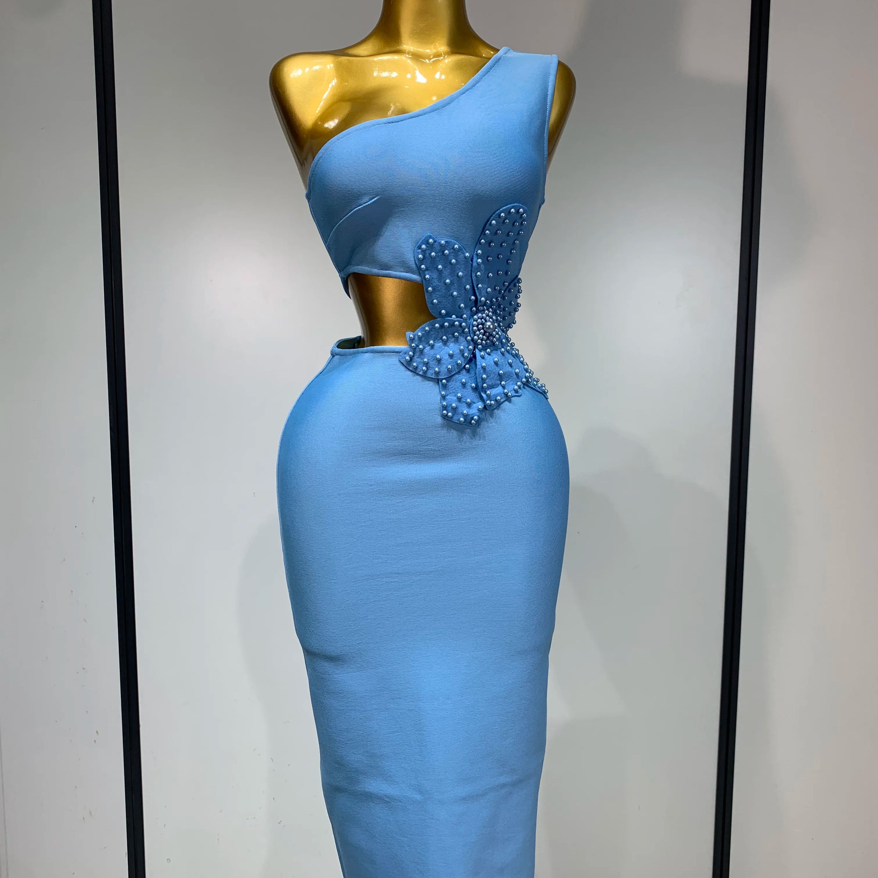 Vestido bandagem sexy e luxuoso de aniversário, um ombro, pérola, azul-celeste, bodycon, celebridade, elegante, festa noturna, traje para clube, 2025
