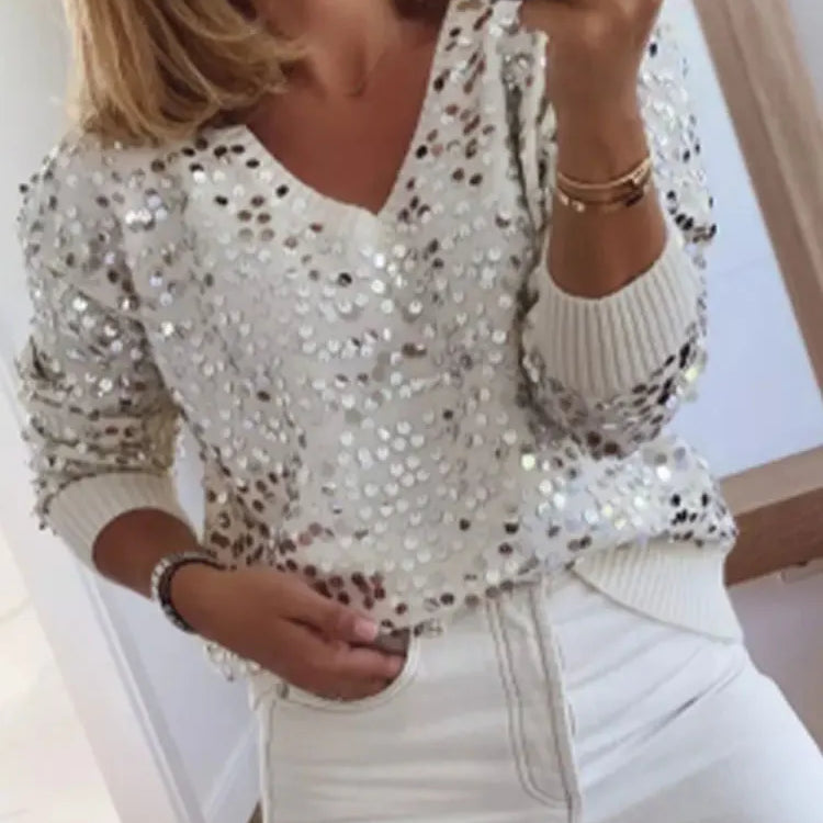 Fashion Sequins Glitter Loose Sweaters For Women Sexy V Neck Long Sleeve Wram Jumper Tops Office Ladies Weam Commute Pullover