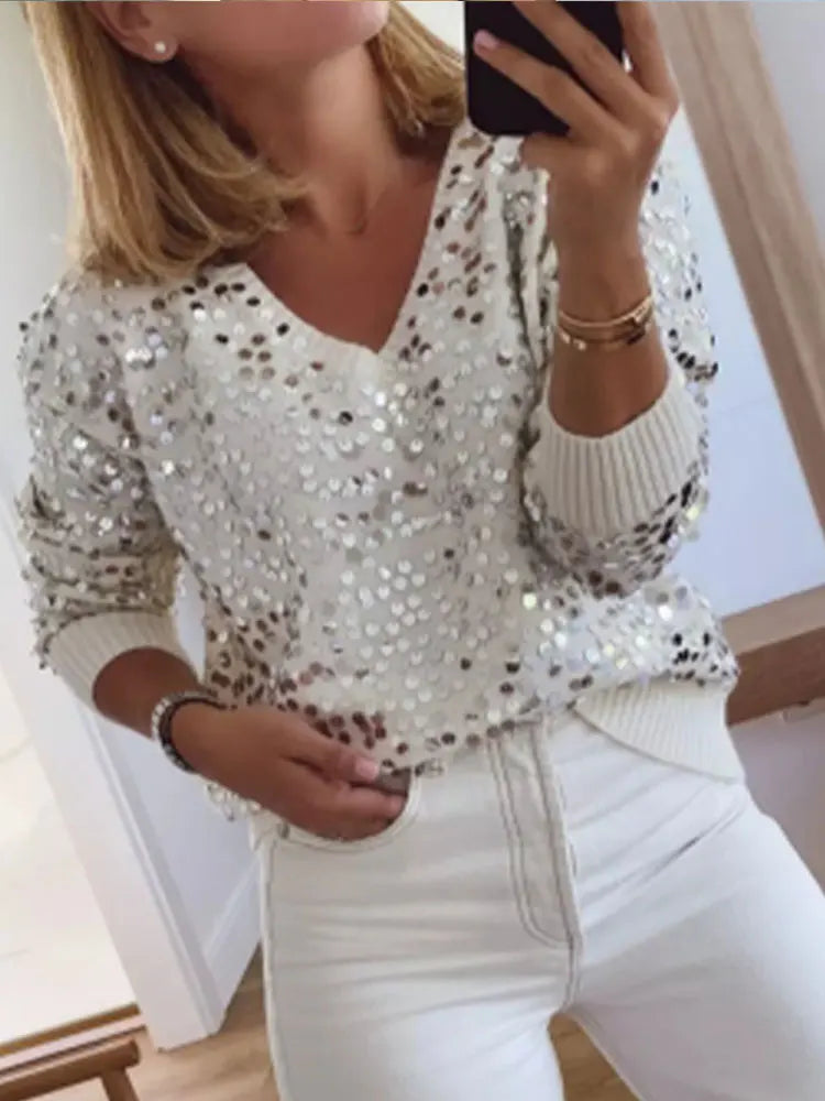 Fashion Sequins Glitter Loose Sweaters For Women Sexy V Neck Long Sleeve Wram Jumper Tops Office Ladies Weam Commute Pullover