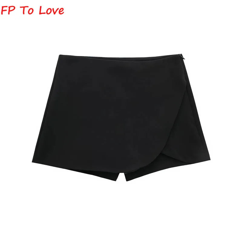 Khaki Asymmetric Culottes Mini Shorts Skirts Split Street Look Pink Black Bottom Woman Black