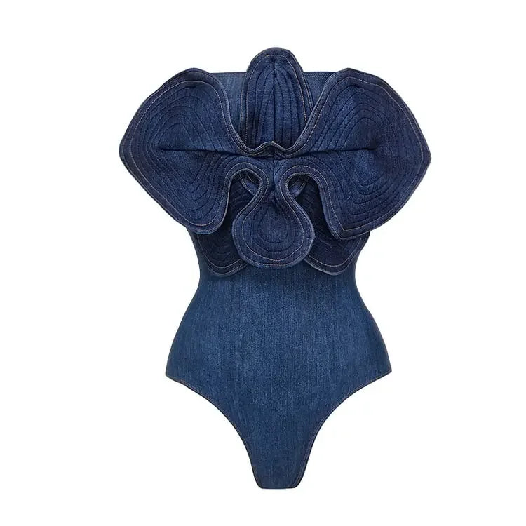 New Off Shoulder 3D Flower denim printed One piece Swimsuit set Shiny Women Swimwear Beachwear bikinis bathingsuit one piece