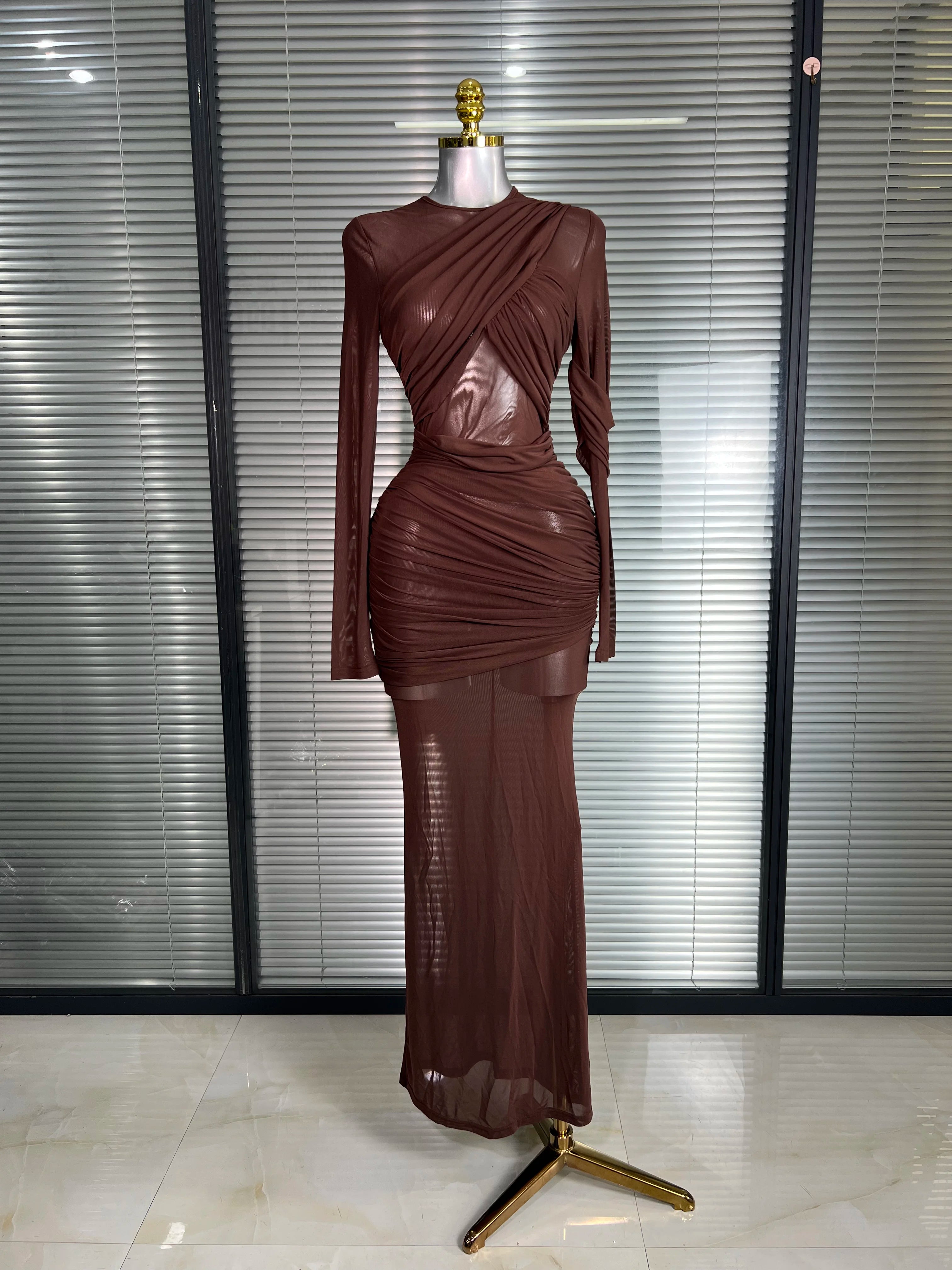 Summer New Women Sexy Long Sleeve Lace Mesh Ruched Maxi Dress Brown High Street Party Dress