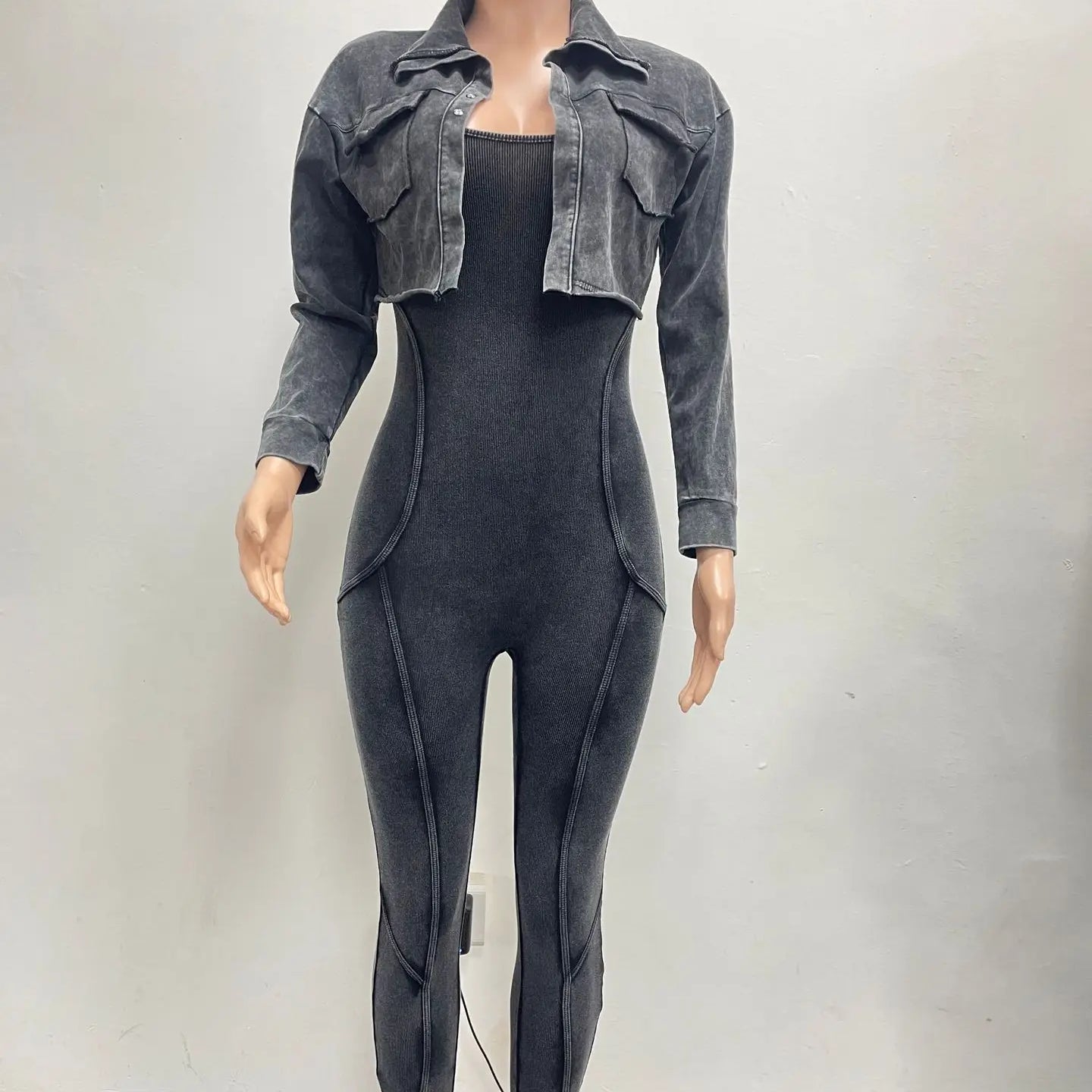 CM.YAYA Fashion Women's Set Washed Knitted Long Sleeve V-neck Coats+pencil Jumpsuits Active Two 2 Piece Set Outfits Tracksuit