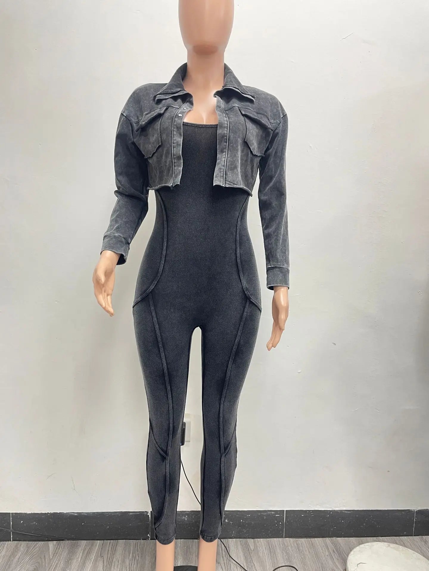 CM.YAYA Fashion Women's Set Washed Knitted Long Sleeve V-neck Coats+pencil Jumpsuits Active Two 2 Piece Set Outfits Tracksuit