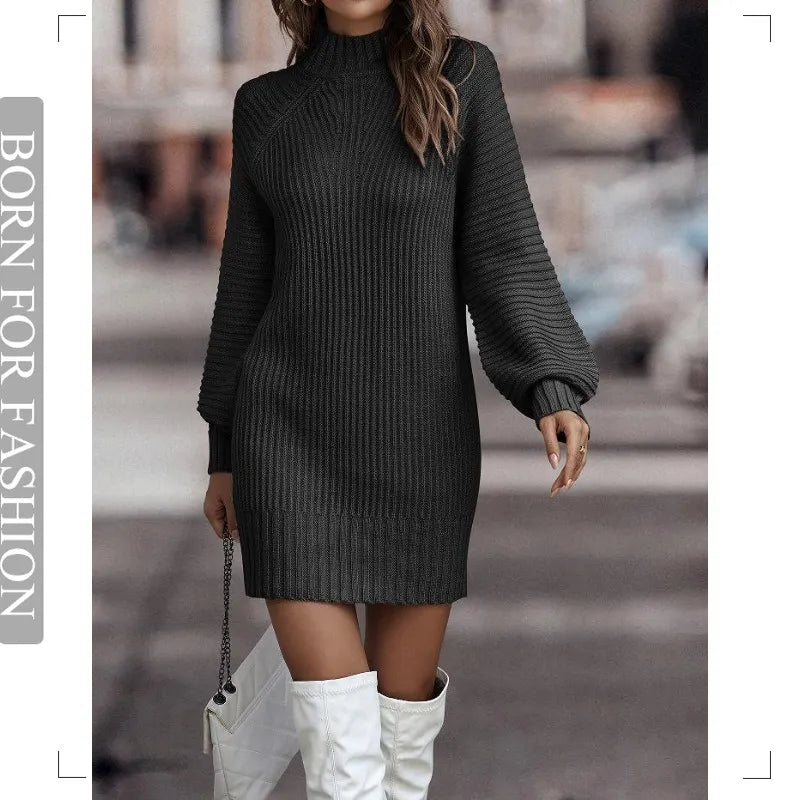 Vintage Winter Knitted Dress Ladies Chic Turtleneck Lantern Long Sleeve Mini Sweater Dresses for Women Clothes