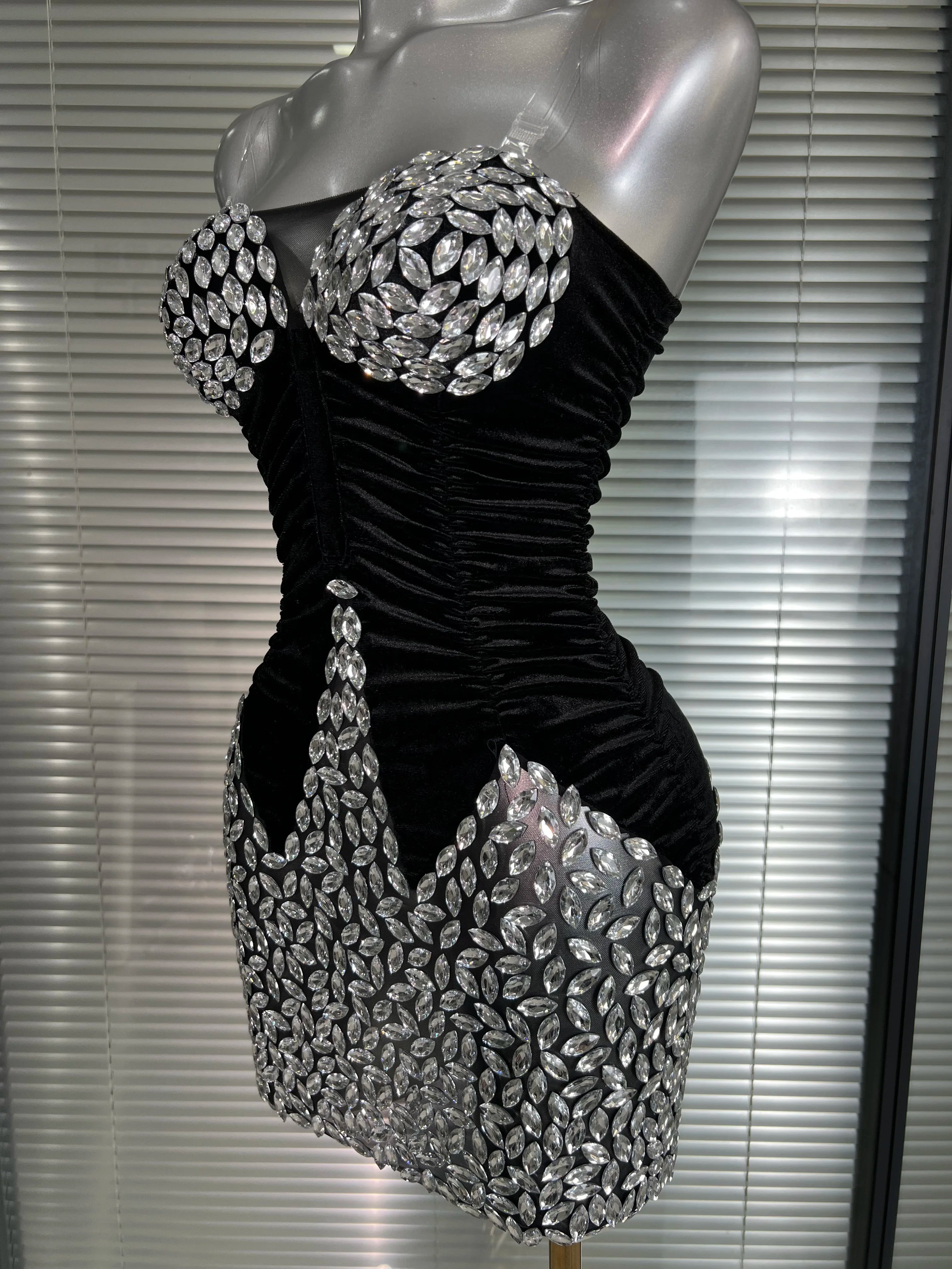 Women Sexy Mesh Crystal Diamonds Black Costume Stage Dancer Stretchy Night Club Strapless Mini Party Dress