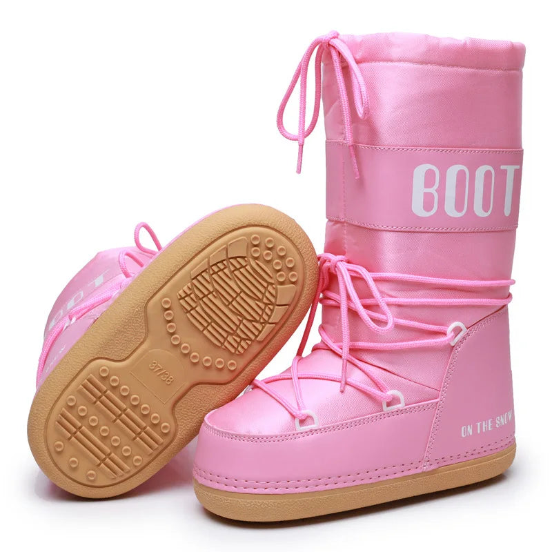 Winter Snow Boots Women Brand Design Lace-up Platform Mid-calf Waterproof Ski Boots Female Pink Black White Cotton Boots